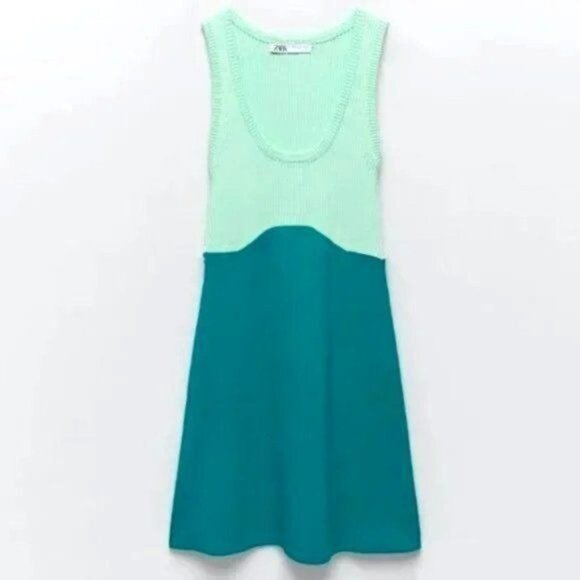 Zara Dresses & Skirts - Zara Dress M Knit Ribbed Aqua Mint Colorblock Sleeveless A-line Summer